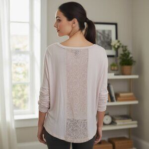 LOVE FOREVER 21 Nude Blush Pink Long Sleeve Top L Lace Back Panel Shirt